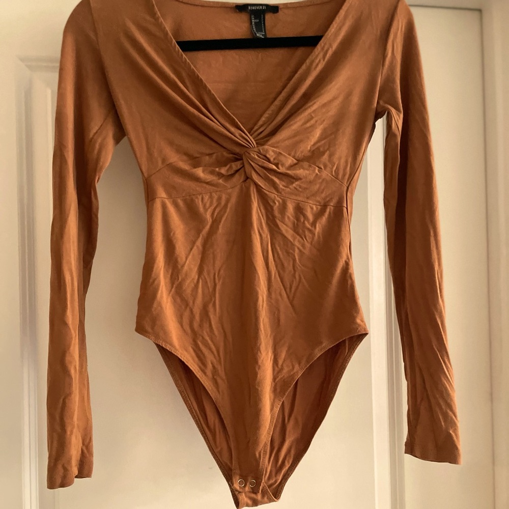 Forever 21 Brown V-Neck Bodysuit with Ruching